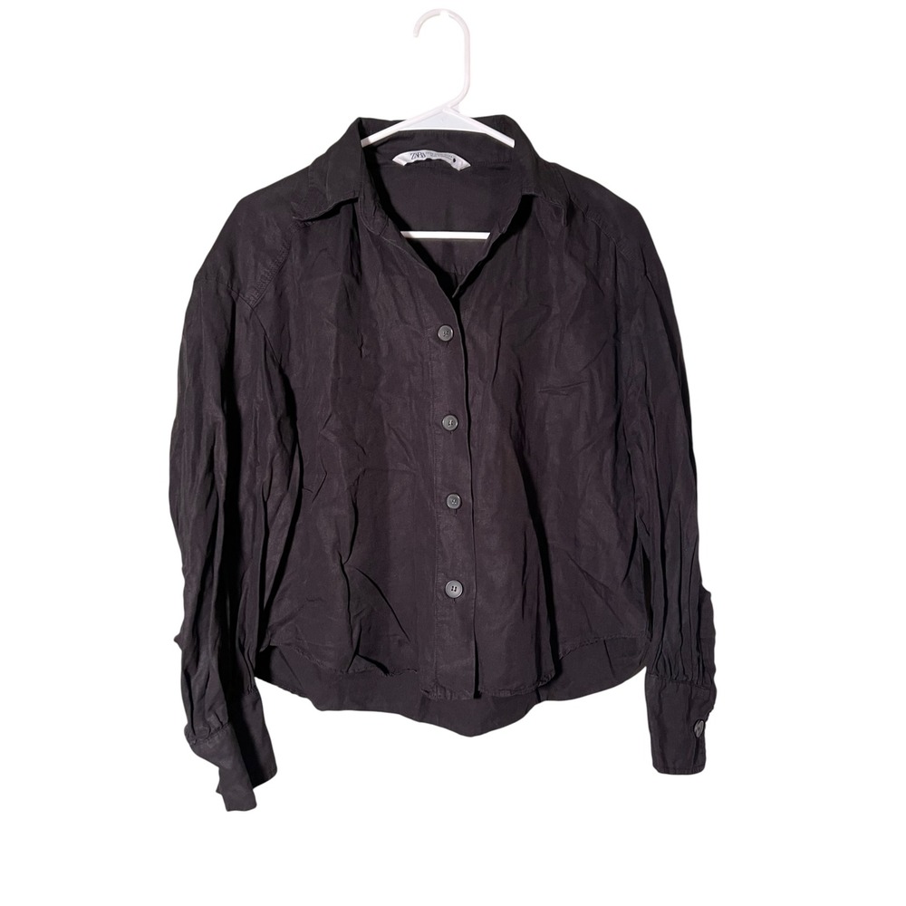 Zara Women's Sz XS Button Down Top Black Long Sleeve Slightly Cropped Boxy Linen